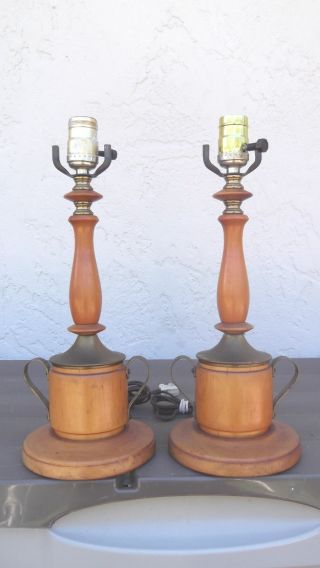 Mid Century Modern Danish Wood And Brass Table Lamps photo