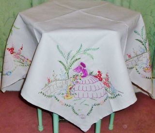 Antique 1930 ' S Traditional English Hand Embroidered ' Crinoline Lady ' Tablecloth photo