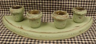 Primitive Country Farmhouse Green Distressed Half Circle Wood Candles Holder photo