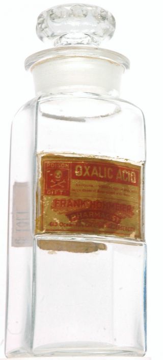 Antique Apothecary Jar Oxalic Acid Poison Bottle Skull & Bones Paper Label C1892 photo
