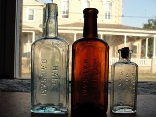 Bottle Of 3 Amber & Aqua Parkers & Imperial Hair Medicine Bottles Mold Blown photo