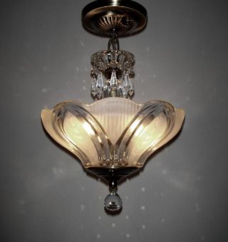 Vintage Petite Glass Shade Chandelier Art Deco Style Ceiling Light Fixture photo