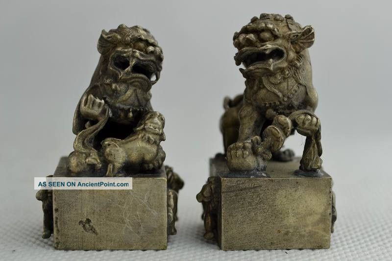 Collectibles Handwork White Copper & Tibet - Silver Pair Small Kylin Seal Statue Seals photo