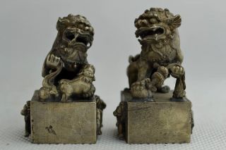 Collectibles Handwork White Copper & Tibet - Silver Pair Small Kylin Seal Statue photo