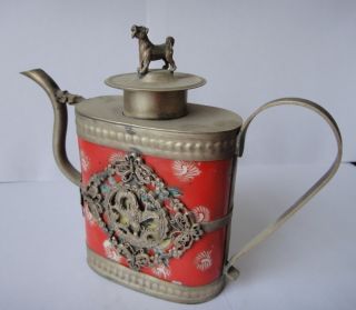 Chinese Handwork Inlay Lizard Butterfly Red Flower Porcelain Dog Teapot photo
