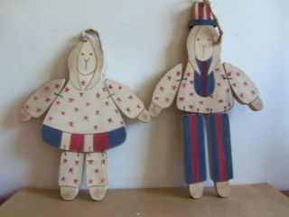 Hand Painted,  Primitive Wooden Patriotic Bunnies Boy & Girl Red White & Blue photo