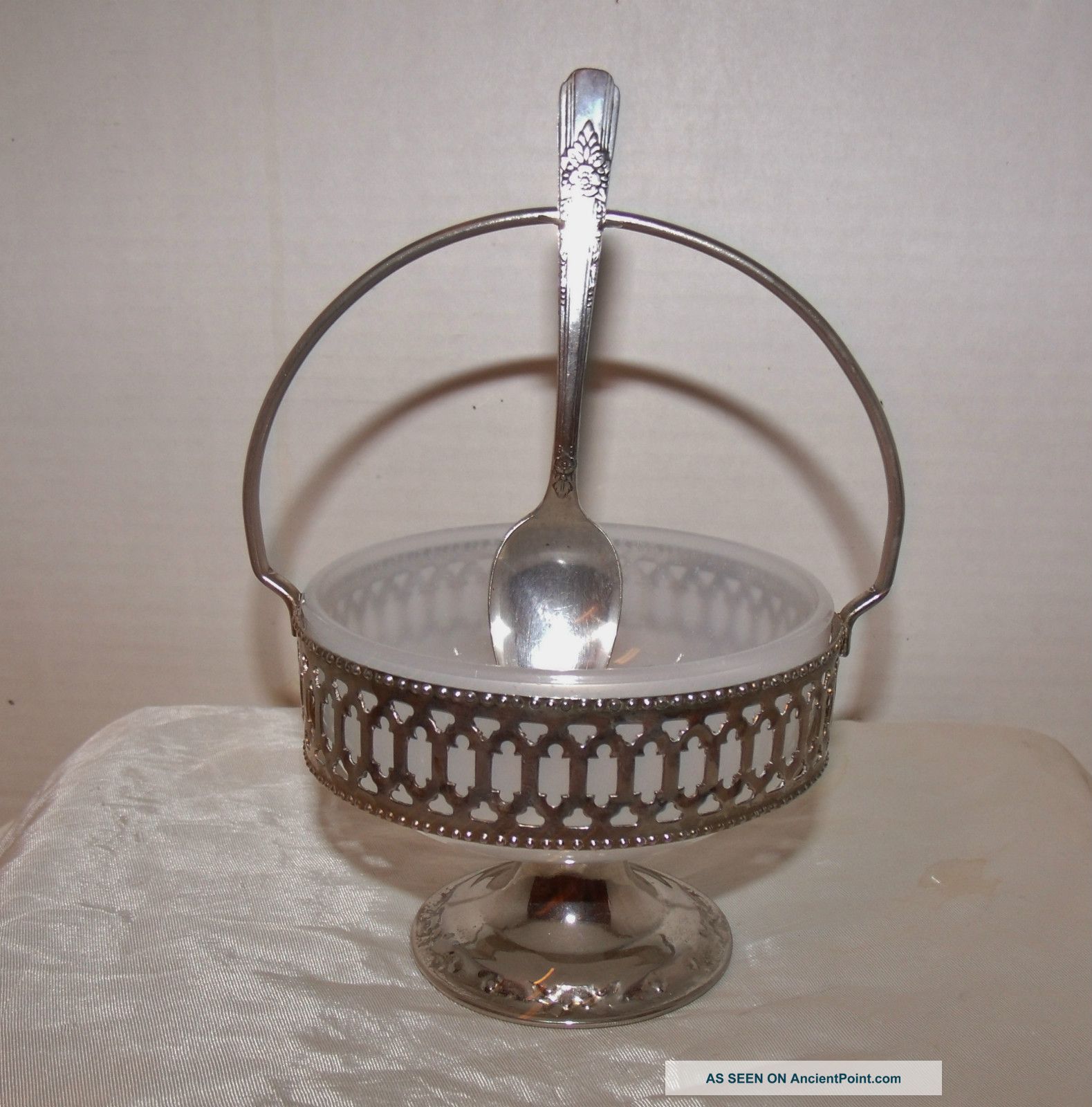Dainty Antique Sterling Silver Serving Bowl W/ Handle/piercings & Embossment/ Bowls photo