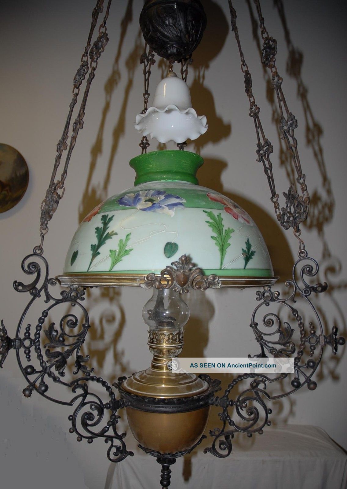 Antique (art Nouveau) Iron/brass Floral Hanging Oil Lamp Chandeliers, Fixtures, Sconces photo