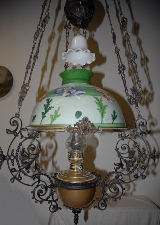 Antique (art Nouveau) Iron/brass Floral Hanging Oil Lamp photo