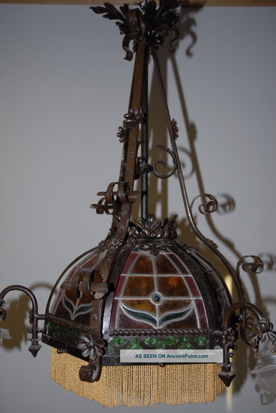 French Antique Rare Wrought Iron Glass And Load Art 4 - Light Chandelier Chandeliers, Fixtures, Sconces photo