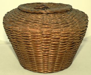 19th C Woven Basket,  Northeast,  Penobscot,  Ash,  Sweet Grass,  Carved Handle,  8 