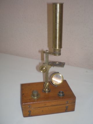 Early Antique 19th Century Brass Travelling Microscope In Mahogany Case photo