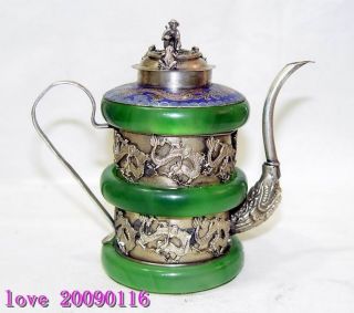 Chinese Handwork Old Green Jade Bracelet Inlay Tibet - Silver Dragon Teapot Monkey photo