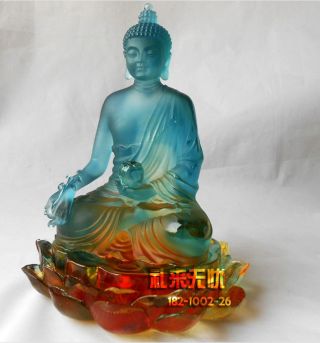 Chinese Liuli Crystal Vase Art Glass Kwan Yin Statue Medicine Buddha Lotus Blue photo