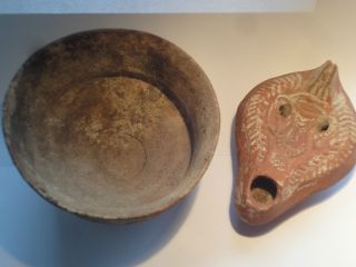 Antique Antiquity C400 Bc Roman Near Eastern Pottery Bowl Teracotta Roman Lamp photo
