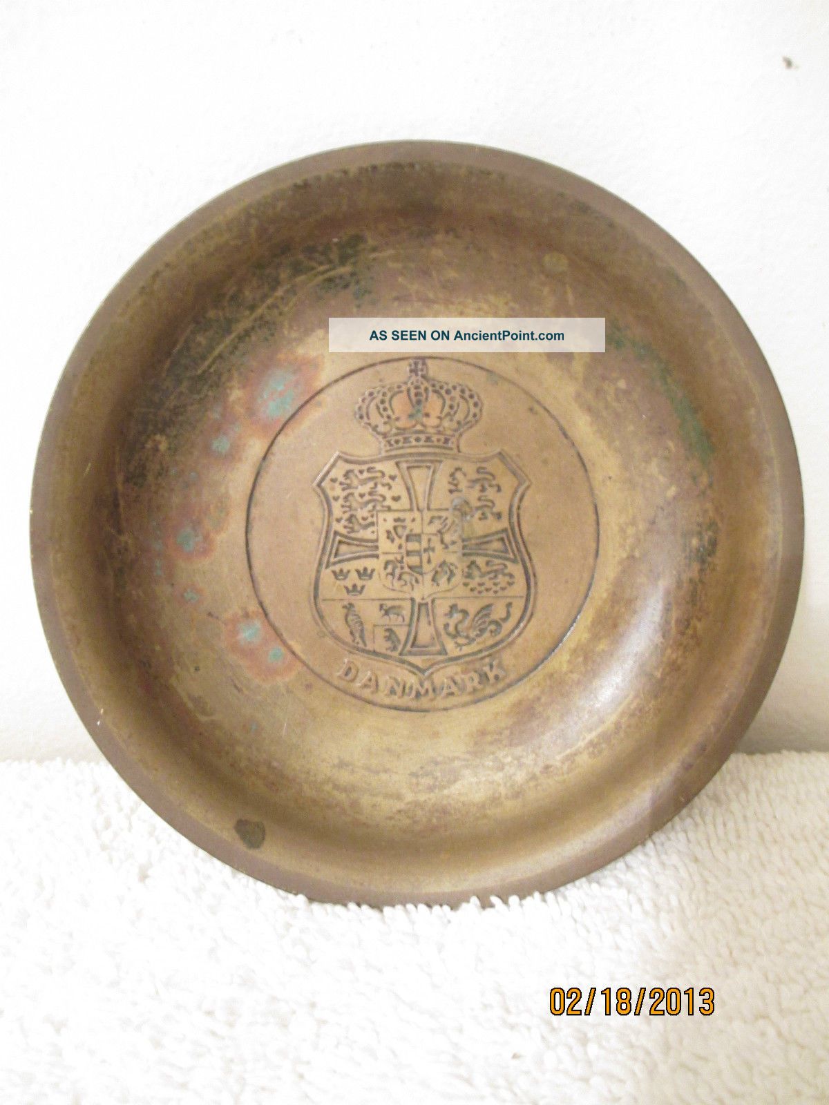 Antique Danmark Denmark Crown Crest Bowl Dish Aegte Ildfast Ff Bronce Bronze Metalware photo