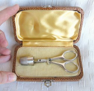 Antique Sterling Silver French Sewing Set Kit Etui Nogent Scissors & Thimble photo