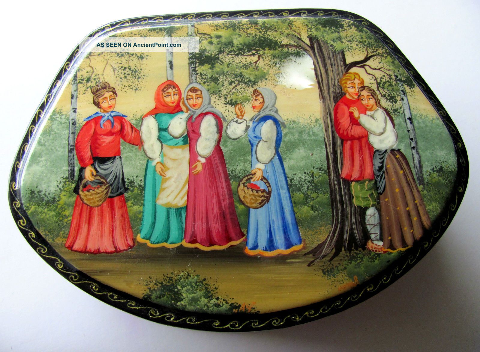 Russian Paper Mache Hand Painted Box Signed With Mother Of Pearl Inlay. Russian photo