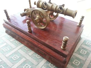 Antique Cannon Brass Statue Made In England British Empire On Wood Stand photo