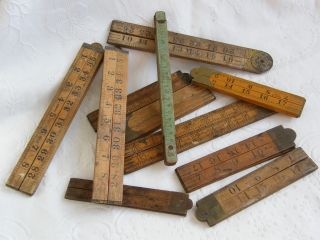 Antique - Collection Of 12 Folding Rules - Wood/brass - Various Makers - Rabone - C1910 photo