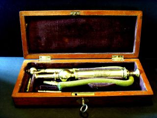 Antique Brass Enema Medical Instrument,  With Box,  C 1870. photo