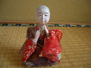 Japanese Antique Doll Red Kimono So Pain Old Vintage No Hair Hands Upward photo
