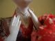 Japanese Antique Doll Red Kimono So Pain Old Vintage No Hair Hands Upward Dolls photo 7