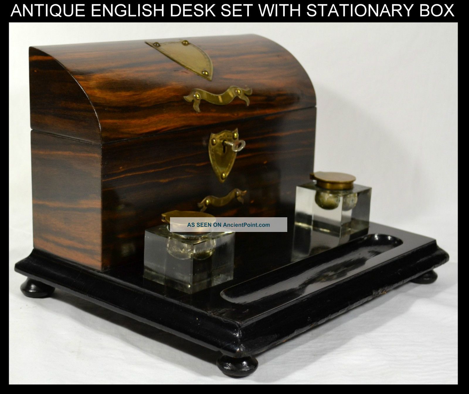 Coromandel Desk Set Stationary Box Inkwells Pen Holder C1870 English Other photo