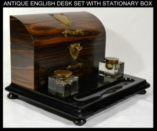 Coromandel Desk Set Stationary Box Inkwells Pen Holder C1870 English photo