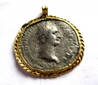 85 A.  D British Found Domitian Roman Period Silver Denarius Coin Set Gold Pendant photo
