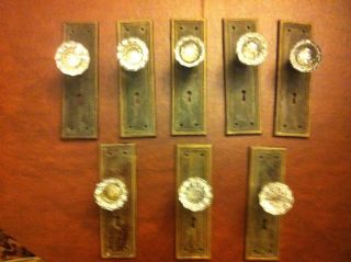 8 Antique Vintage Glass Doorknobs W/matching Brass Art Deco Style Faceplates photo
