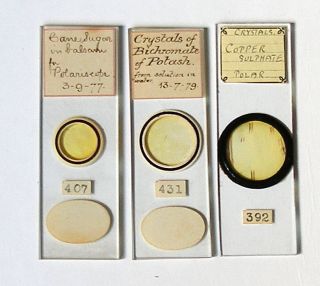 3 X Early.  Microscopes Slides For Polariscope: Chemical Crystals photo