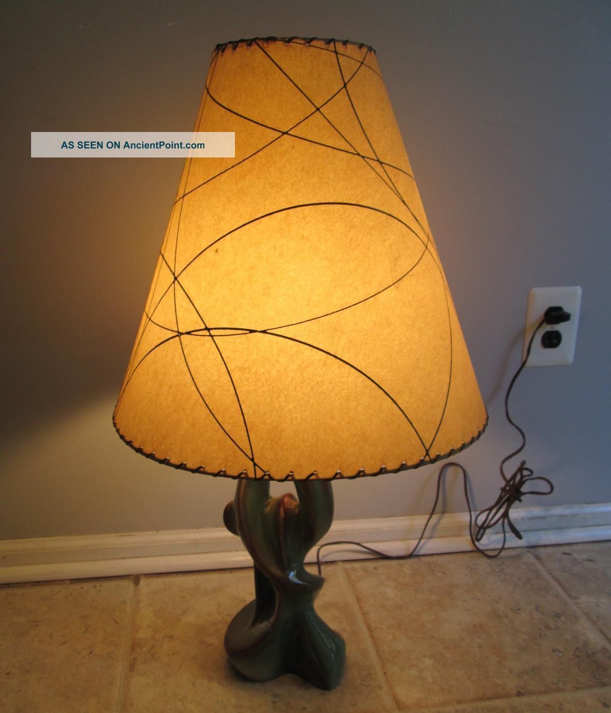 Mid Century Modern/danish Green/brown Pottery Lamp W/cone Shape Fiberglass Shade Mid-Century Modernism photo