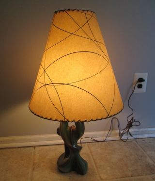 Mid Century Modern/danish Green/brown Pottery Lamp W/cone Shape Fiberglass Shade photo