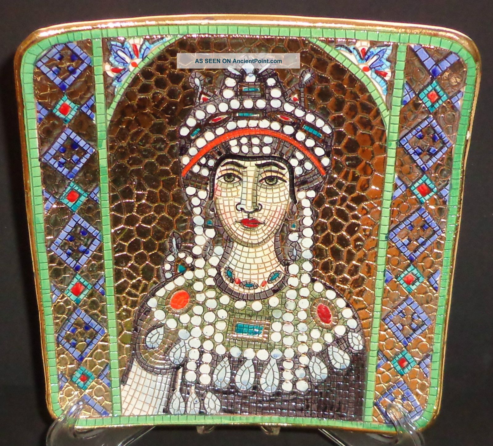 Mid Century Modern Deruta Mosaic Portrait Plaque Plate Italian Pottery Signed Byzantine photo
