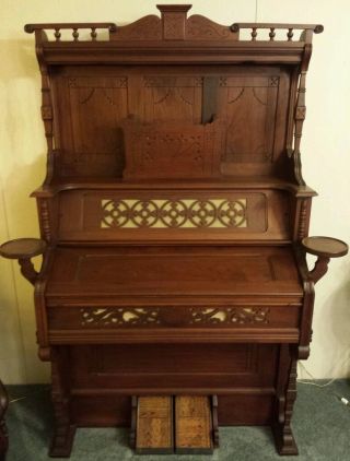 Antique High - Back Pump Organ With Ornate Carvings Mid 1800 ' S photo
