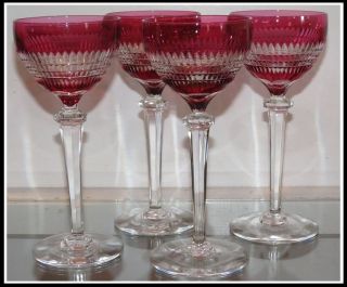 Set Of 4 Antique Val St Lambert Cranberry Ruby Red Crystal Hock Wine Stems Nr photo