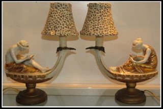 Pair Antique Gold & White Porcelain Neoclassical Genie Lamps W Figures Reading photo