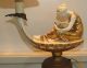 Pair Antique Gold & White Porcelain Neoclassical Genie Lamps W Figures Reading Lamps photo 1