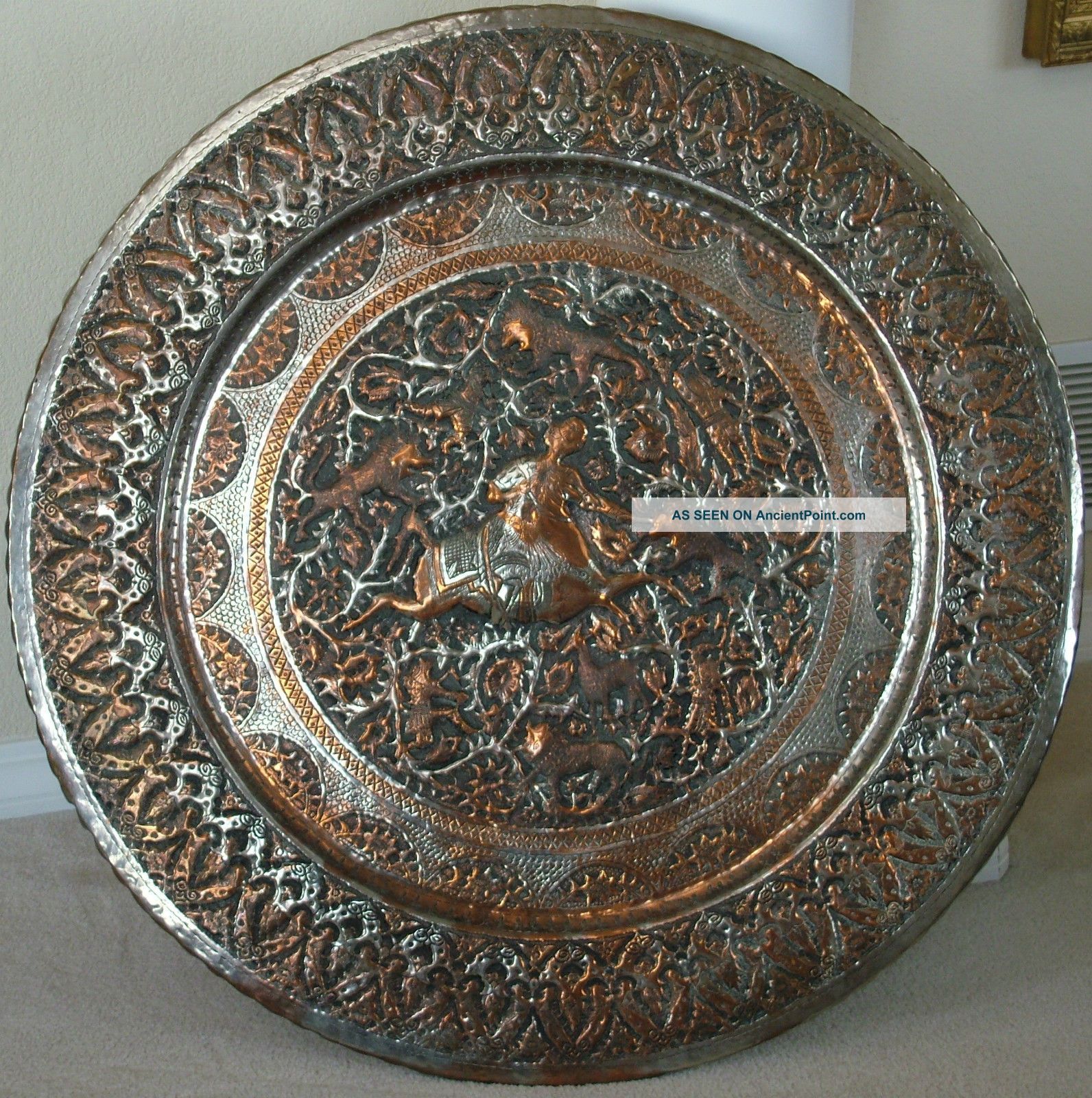 Antique Persian Isfahan Copper Tray King Hunting Scene Metalware photo