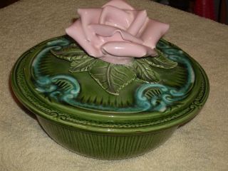 Vintage Green/pink Covered Serving Dish W/large Glass Rose Handle photo