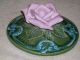 Vintage Green/pink Covered Serving Dish W/large Glass Rose Handle Dishes photo 5