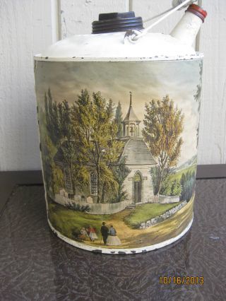 Rare Old Church Scene Antique Metal Steel Kerosene Gas Can Oil Handle photo