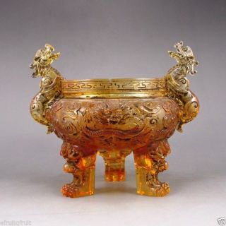 Vintage Hand - Carved Chinese Beijing / Peking Glass 3 Leg Incense Burner W Dragon photo