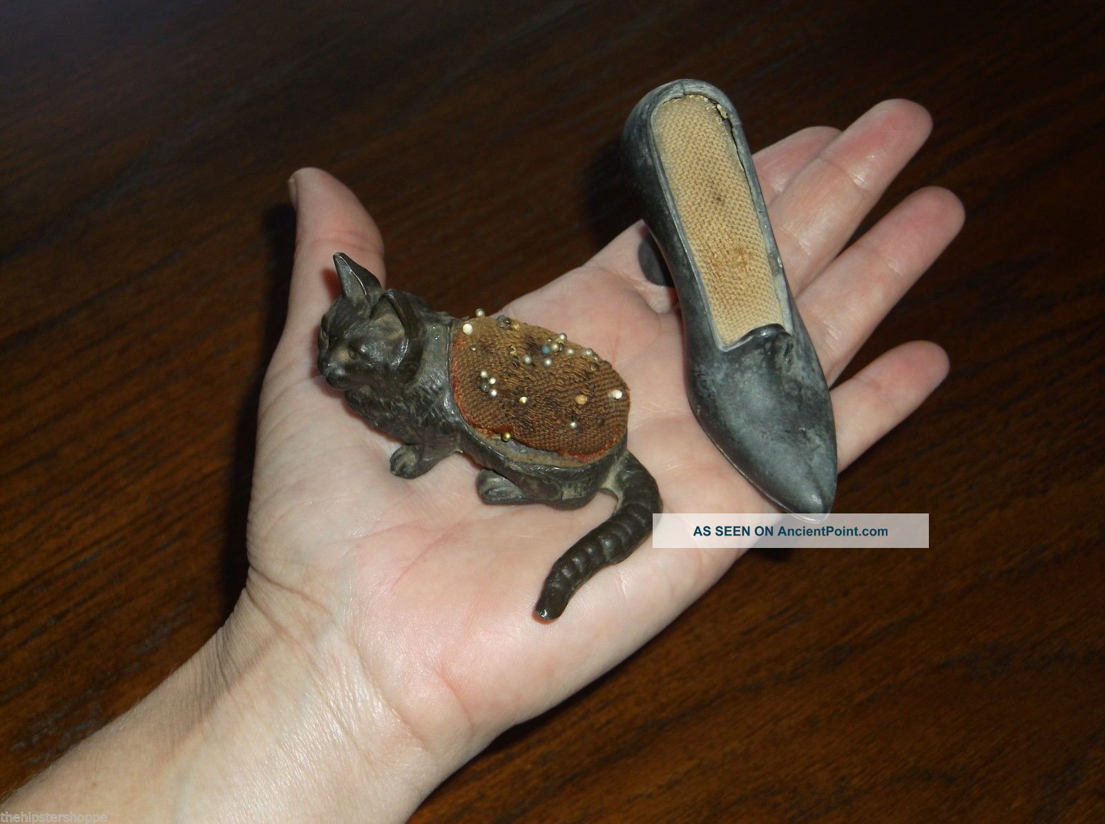 Primitive Antique Metal Pin Cushion Kitty Cat & Shoe Slipper 2 Victorian Primitives photo