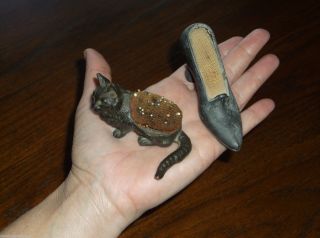 Primitive Antique Metal Pin Cushion Kitty Cat & Shoe Slipper 2 Victorian photo