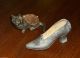 Primitive Antique Metal Pin Cushion Kitty Cat & Shoe Slipper 2 Victorian Primitives photo 1
