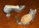 Primitive Antique Metal Pin Cushion Kitty Cat & Shoe Slipper 2 Victorian Primitives photo 3
