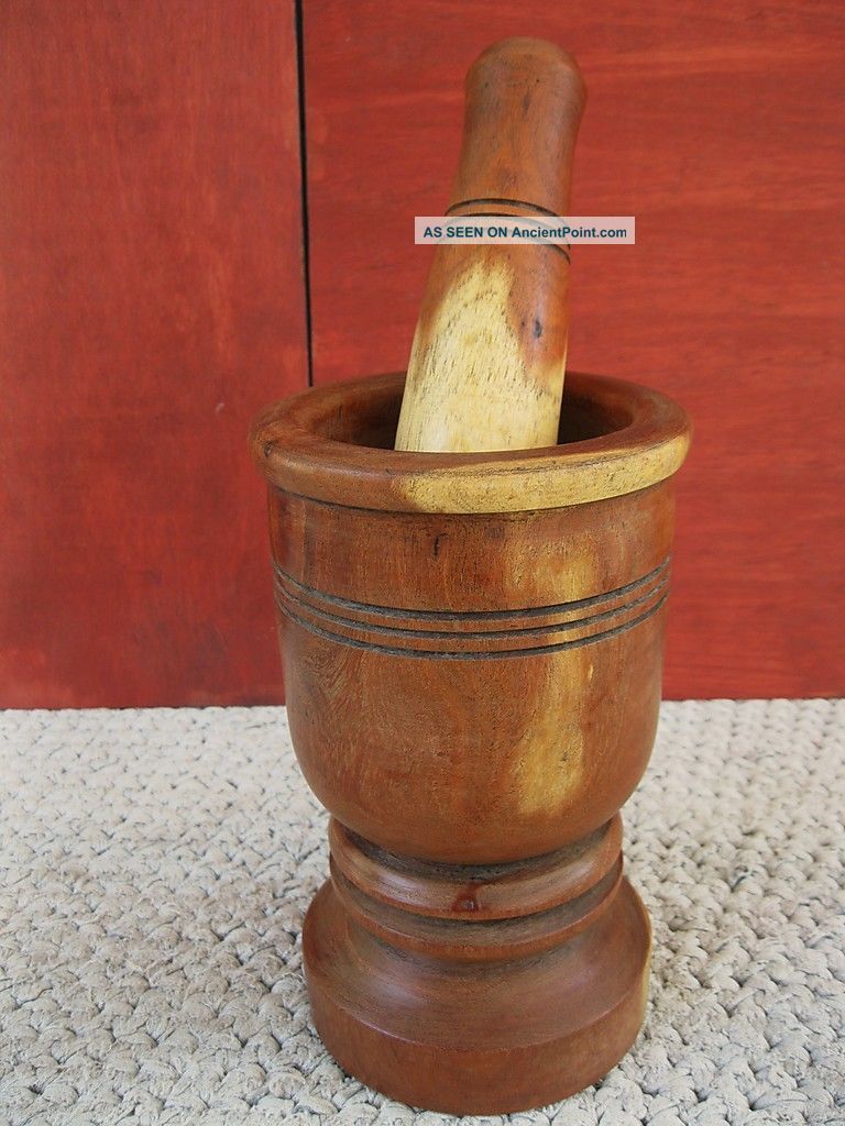 Antique Mortar & Pestle Primitive Unusual Turned Wood Wooden,  Pedestal Base Primitives photo