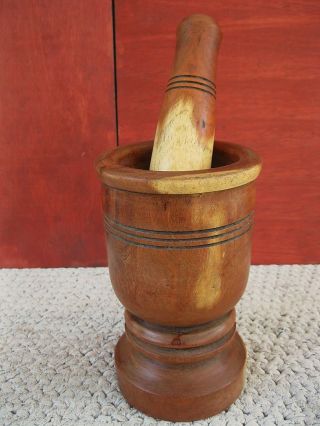 Antique Mortar & Pestle Primitive Unusual Turned Wood Wooden,  Pedestal Base photo